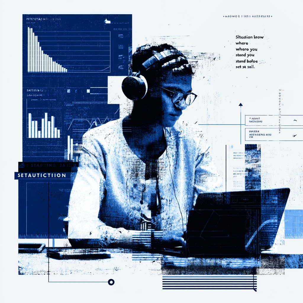 Duotone blue-and-white halftone illustration of a focused marketer wearing headphones at a desk, working on a laptop and tablet. Floating bar charts, line graphs, KPI dashboards, gridlines, and a stylized compass overlay evoke the “Situation” stage of a digital audit.