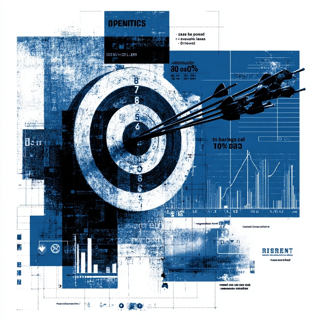 Duotone blue-and-white halftone illustration of a bullseye target with multiple arrows clustered in the center, layered over floating bar charts, line graphs, calendar icons, and SMART-goal text snippets.