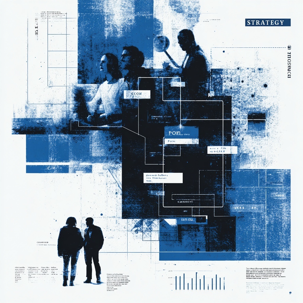 Duotone blue-and-white halftone illustration showing two business silhouettes, overlaid with a digital flowchart of connected nodes and data elements, representing the “Strategy” stage of a planning framework.