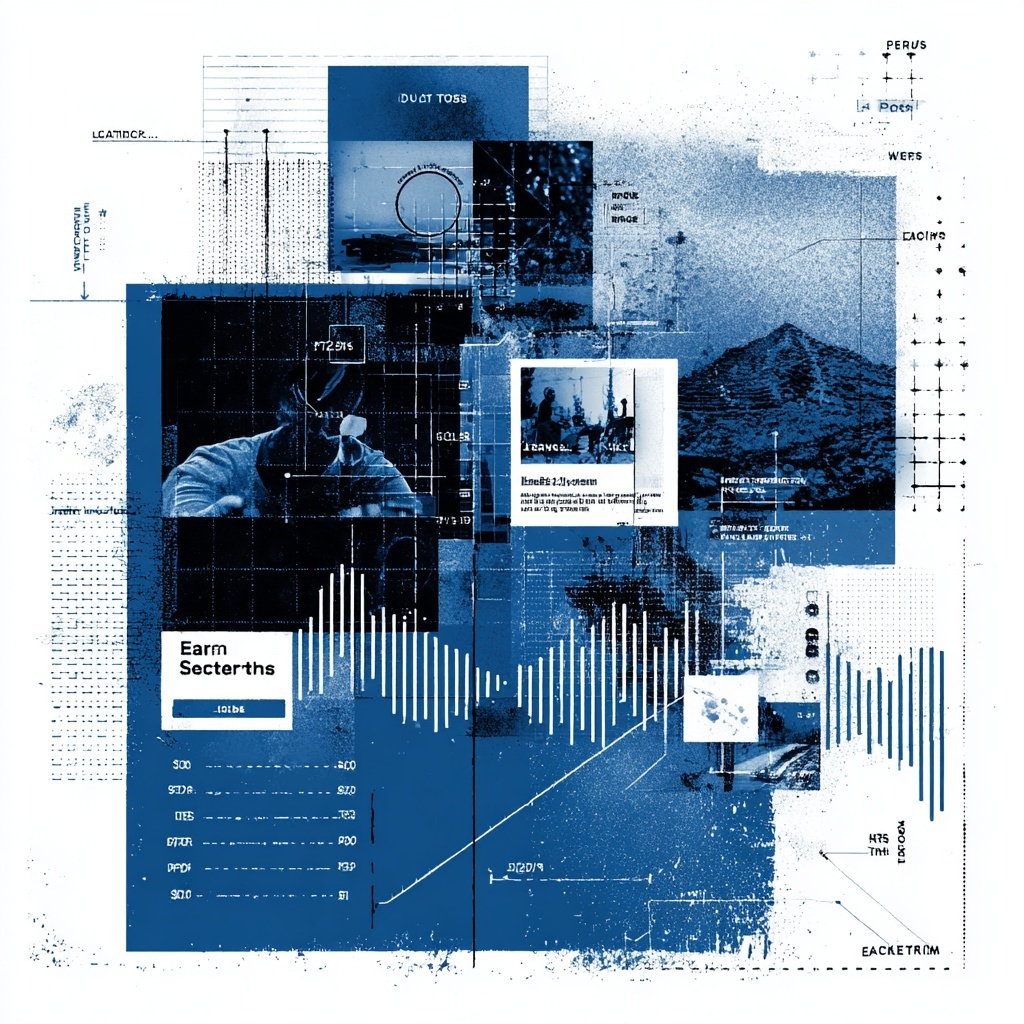 Duotone blue-and-white halftone collage showing a digital marketer at work surrounded by layered UI elements—code snippets, charts, social cards, and envelope icons—representing the “Tactics” stage of a digital marketing plan.