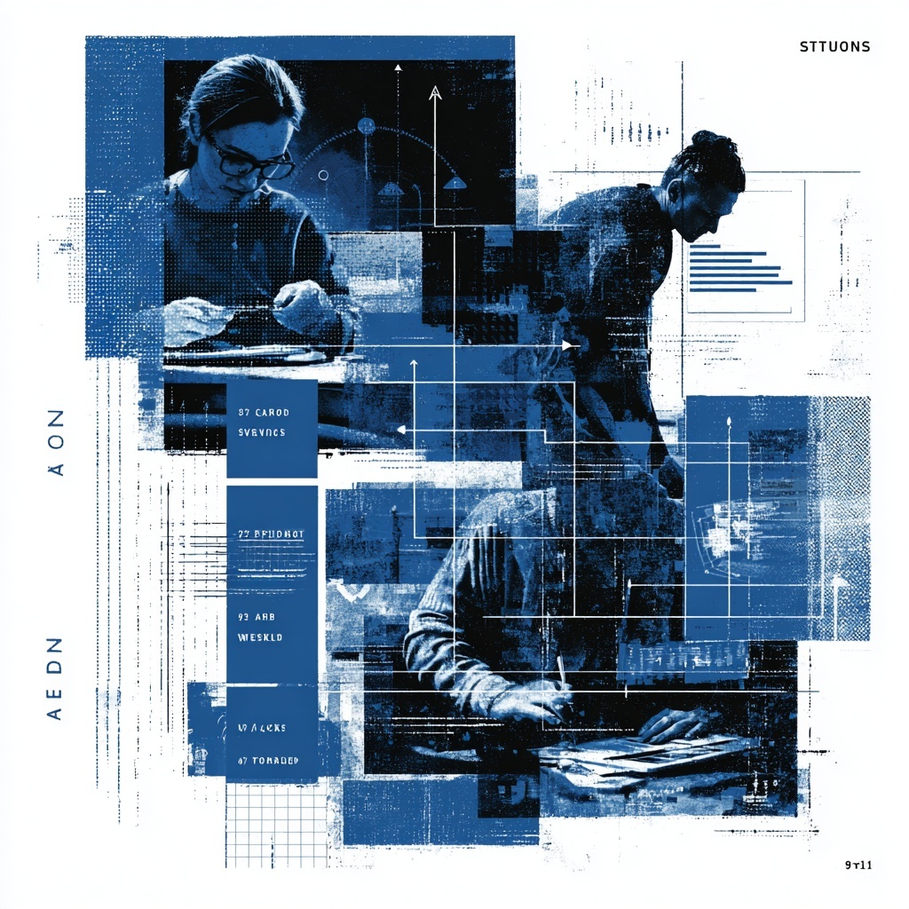 Duotone blue-and-white halftone collage of three marketing team members—strategist, designer, and analyst—overlaid with timeline blocks, arrows, and a small bar chart, representing the “Actions” phase of a digital marketing plan.
