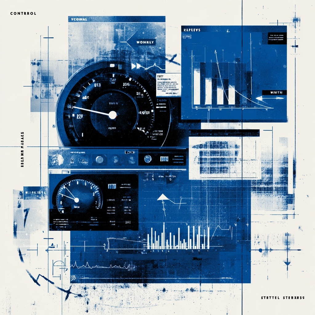 Duotone blue-and-white halftone illustration of a high-tech dashboard with speedometer-style gauges, bar charts, and data windows, representing the “Control” phase of a digital marketing plan.